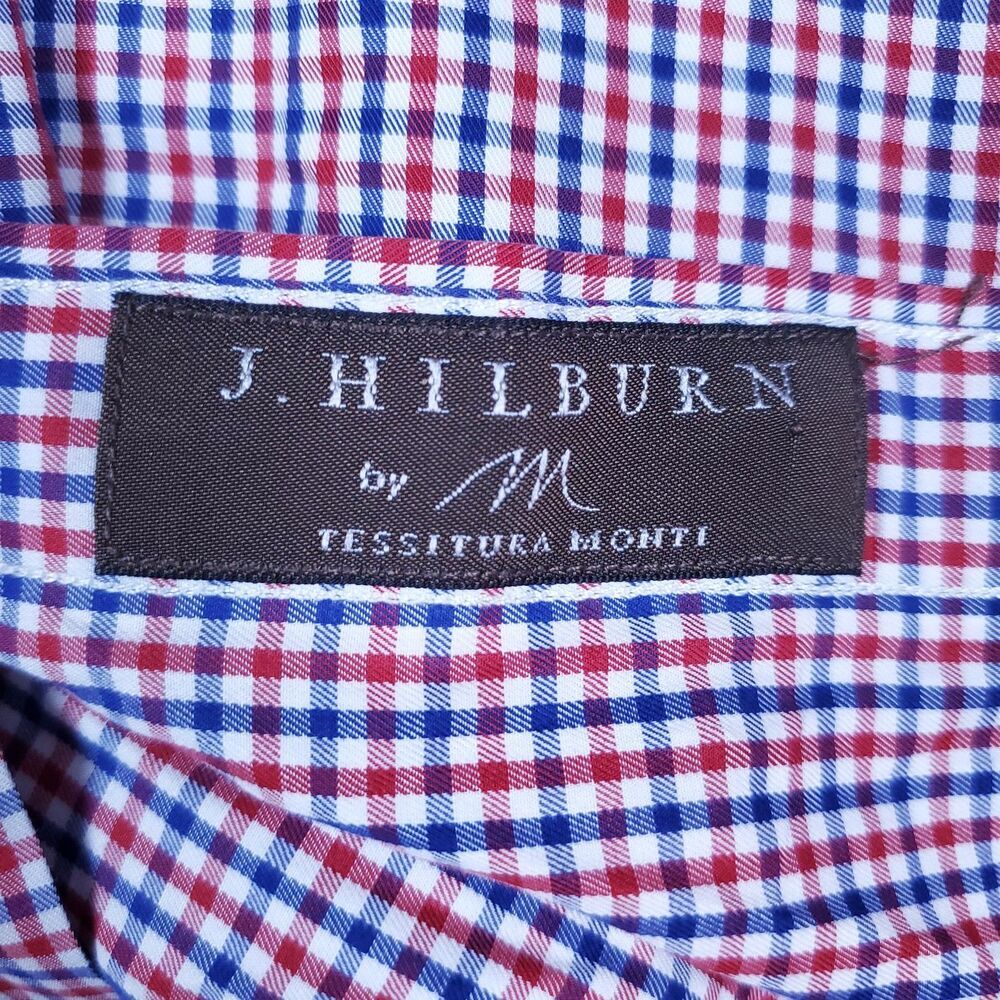 J.Hilburn Shirt Mens 3XL Red White Blue Gingham Long Sleeve Dress Shirt Classic - Picture 3 of 16
